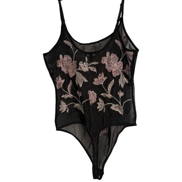 Express Womens S Whimsigoth Sheer Embroidered Floral Thong Bodysuit Boho Sexy - Picture 2 of 9